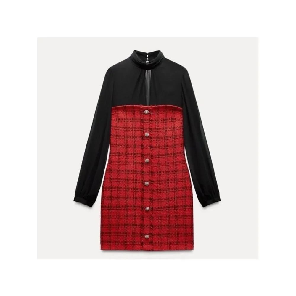 Zara Womens Mini Dress Small Red Black Plaid Tweed Chiffon Sheer 8982/155 NWT